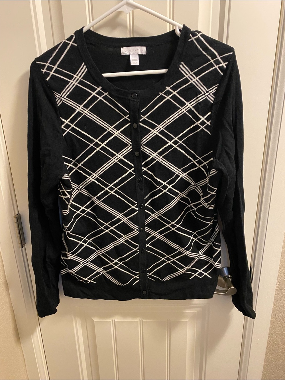 Charter Club L Cardigan Sweater Black White Button Front Sequin Accents Large L
